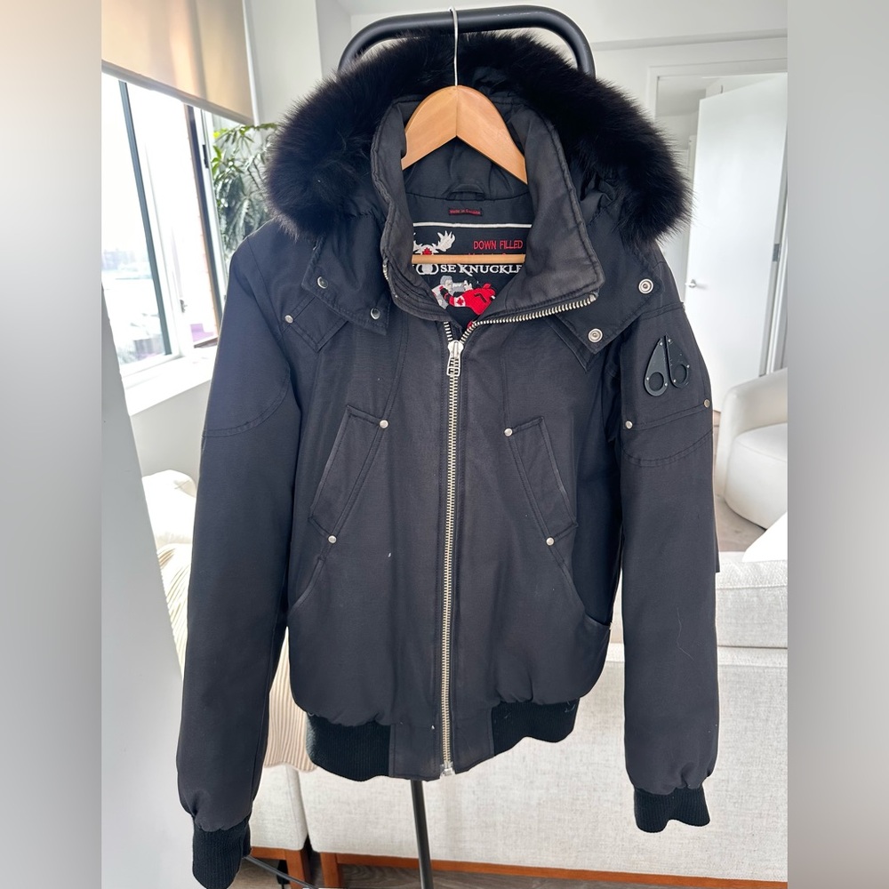 Moose Knuckles Black Down-Filled Bomber Jacket with Real Fur Trim